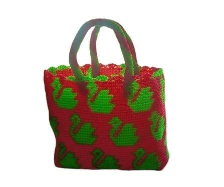 Red and Green Handknitted Swan Print Bag view 2