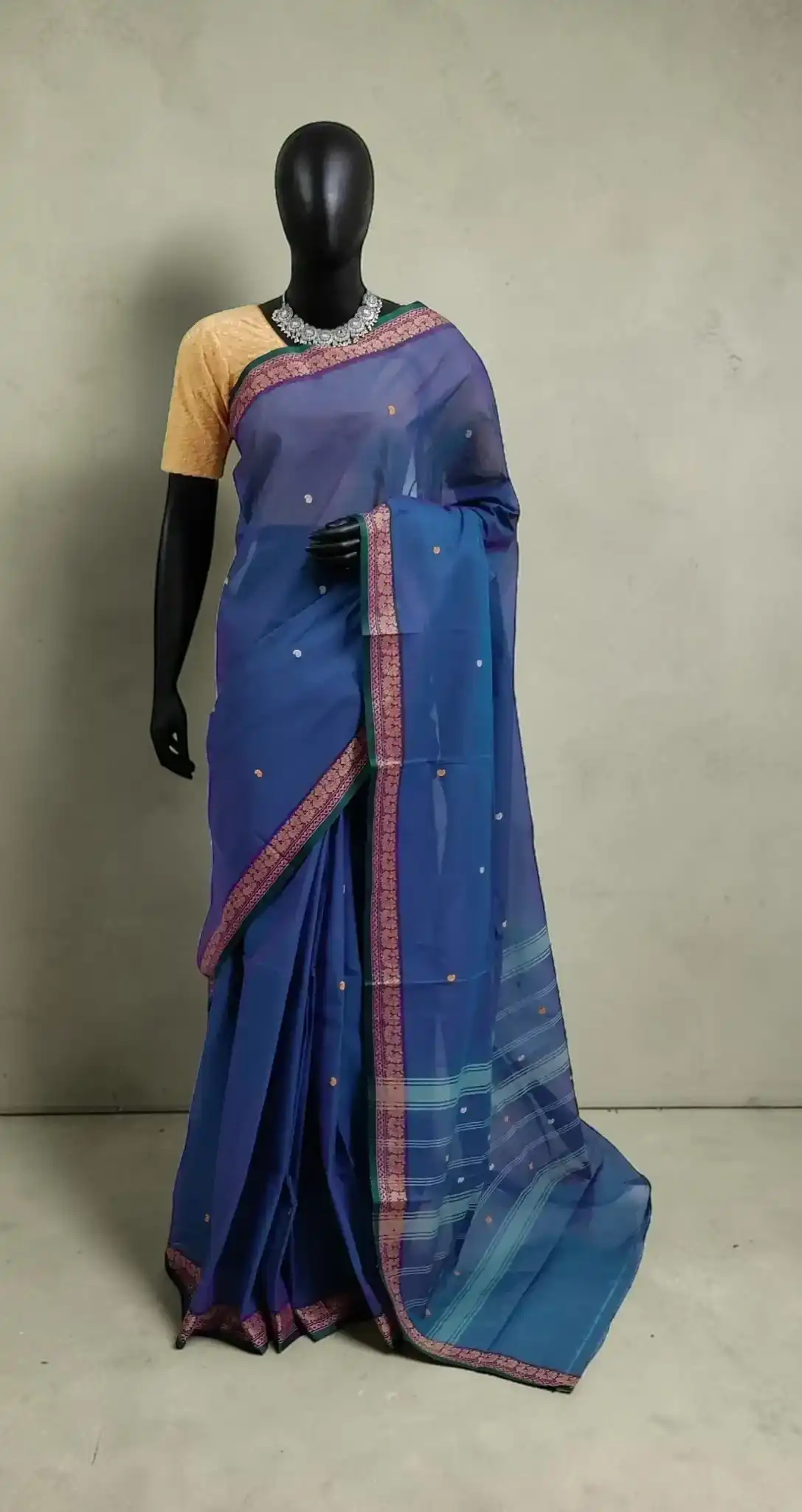 Handwoven Kanchipuram Cotton-Silk Saree in Deep Blue with Golden Border