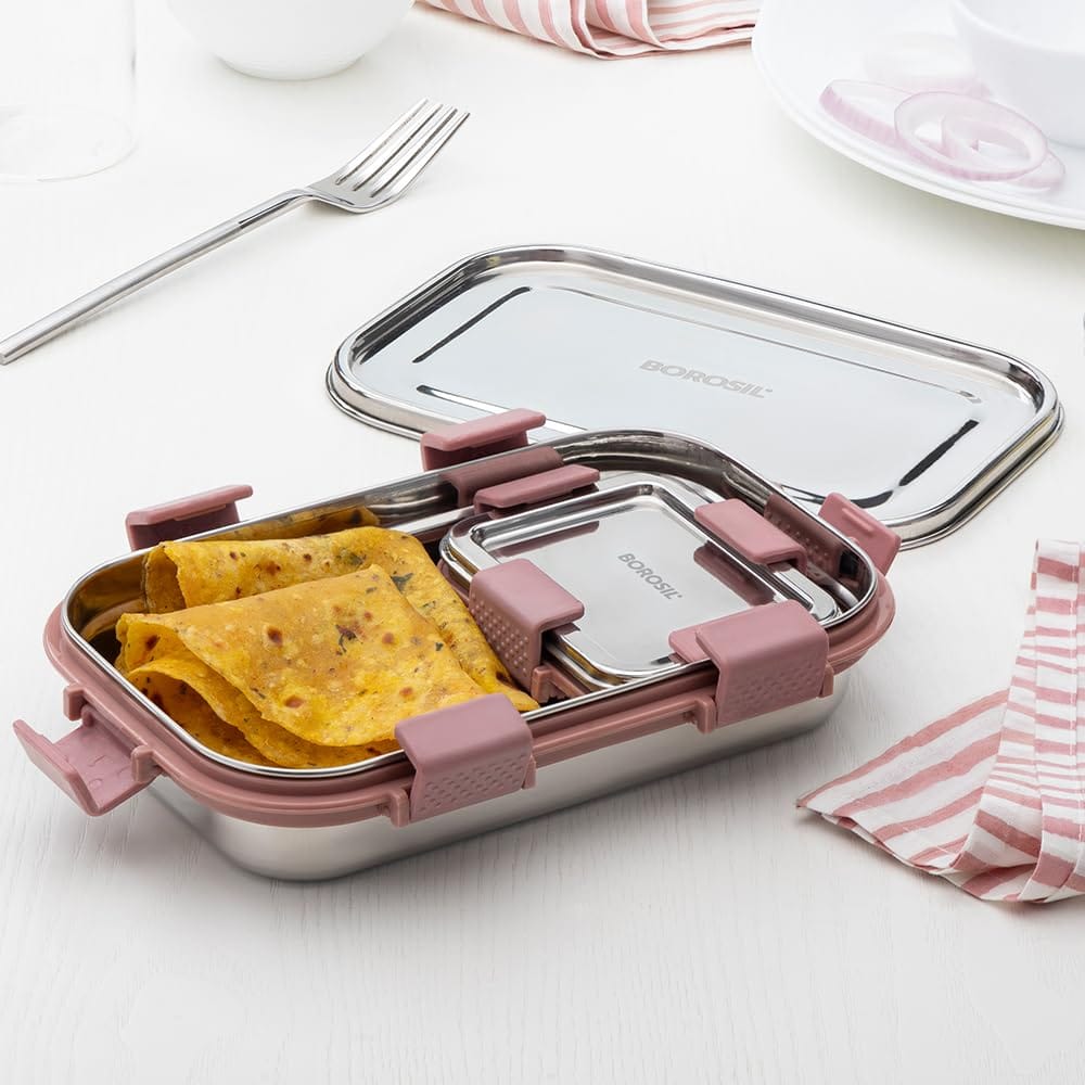 Borosil Stainless Steel Slim Lunch Box | 700 ml + 125 ml Container Set | Airtight, Leakproof, Dishwasher Safe | Portable Kids Tiffin | 1 Year Warranty | Pink view 2