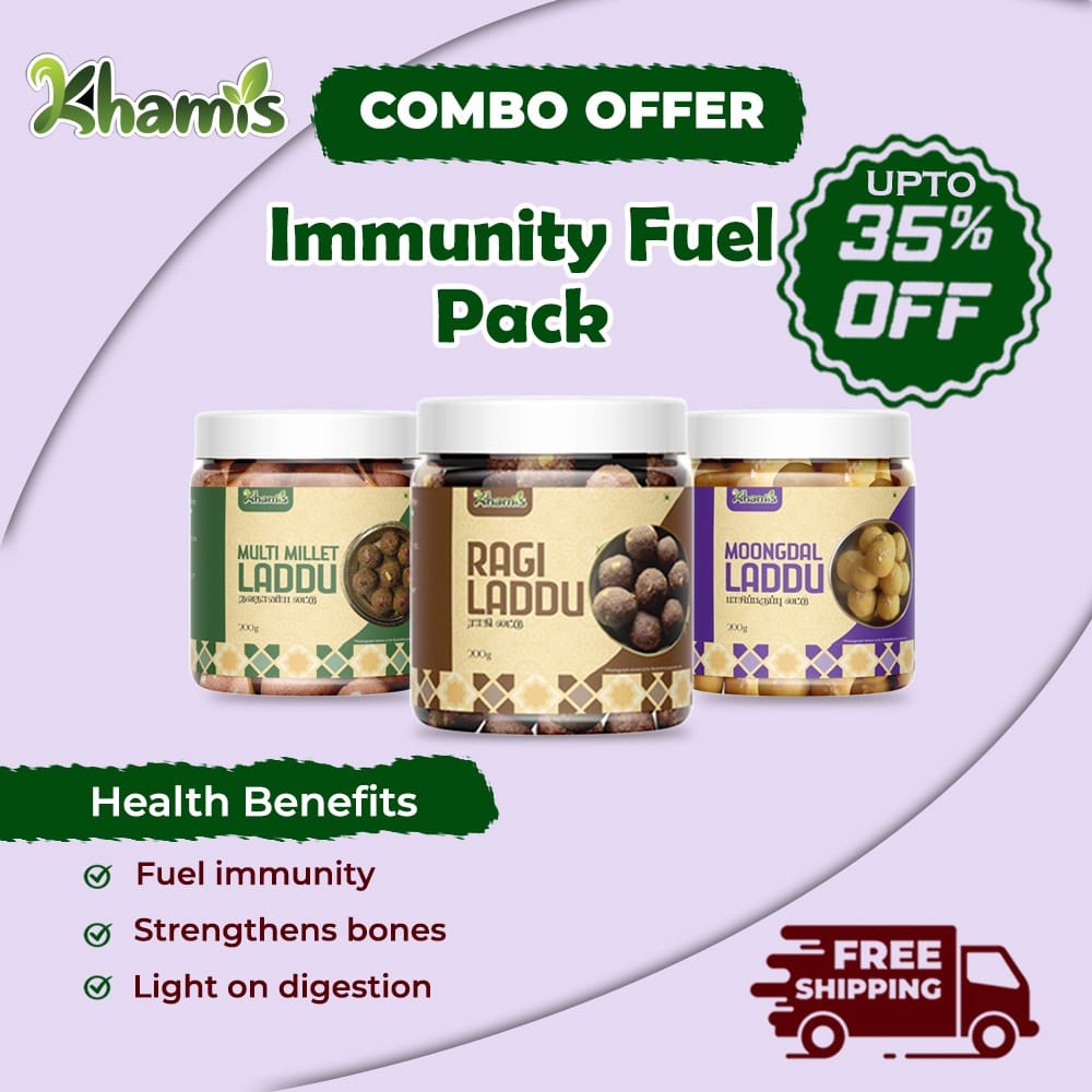 Khamis Millet Laddu Combo Offer – Moong Dal, Multi Millet & Ragi – 3-in-1 High Protein, Jaggery Sweets – 100% Natural, No Sugar – Rice Bran Oil –Khamis Healthy Foods--600g (pack of 4)