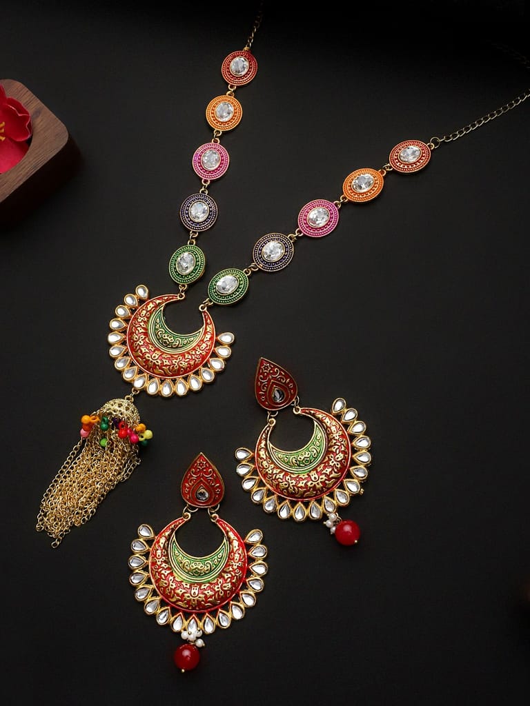 Cardinal Multicolor Minakari Kundan Long Necklace Set view 2