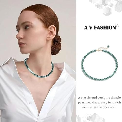 A V FASHION - Pearl Necklace For Girl and Women Green Pearl Necklaces for Women, 8MM Beaded Choker Necklace 1 Layer Beaded Mala Fashion Jewellery view 2