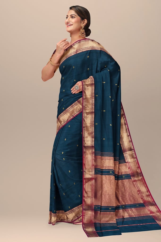 Peacock Blue Handwoven Mulberry Sausar Silk With Rui Buti And Zari Border Saree SKU-BS10149 view 2