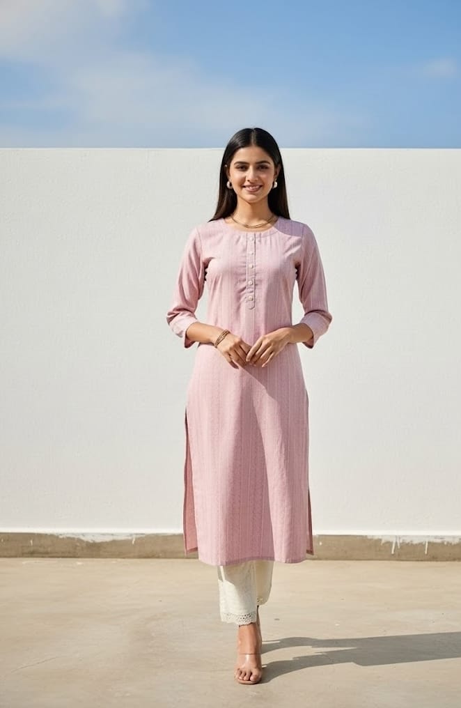 Women Pink Self Design Cotton Blend Kurta