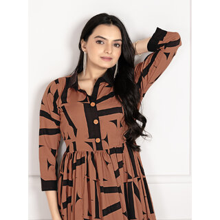 Fancy Flair Women Brown Three-Quarter Sleeves Printed Fit & Flare Dress Stylish Casual Wear view 2
