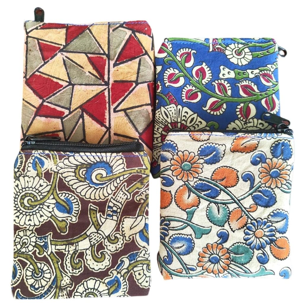 4-Pack of Handmade Cotton Coin Purses with Zipper Closure and Unique Kalamkari Designs view 2
