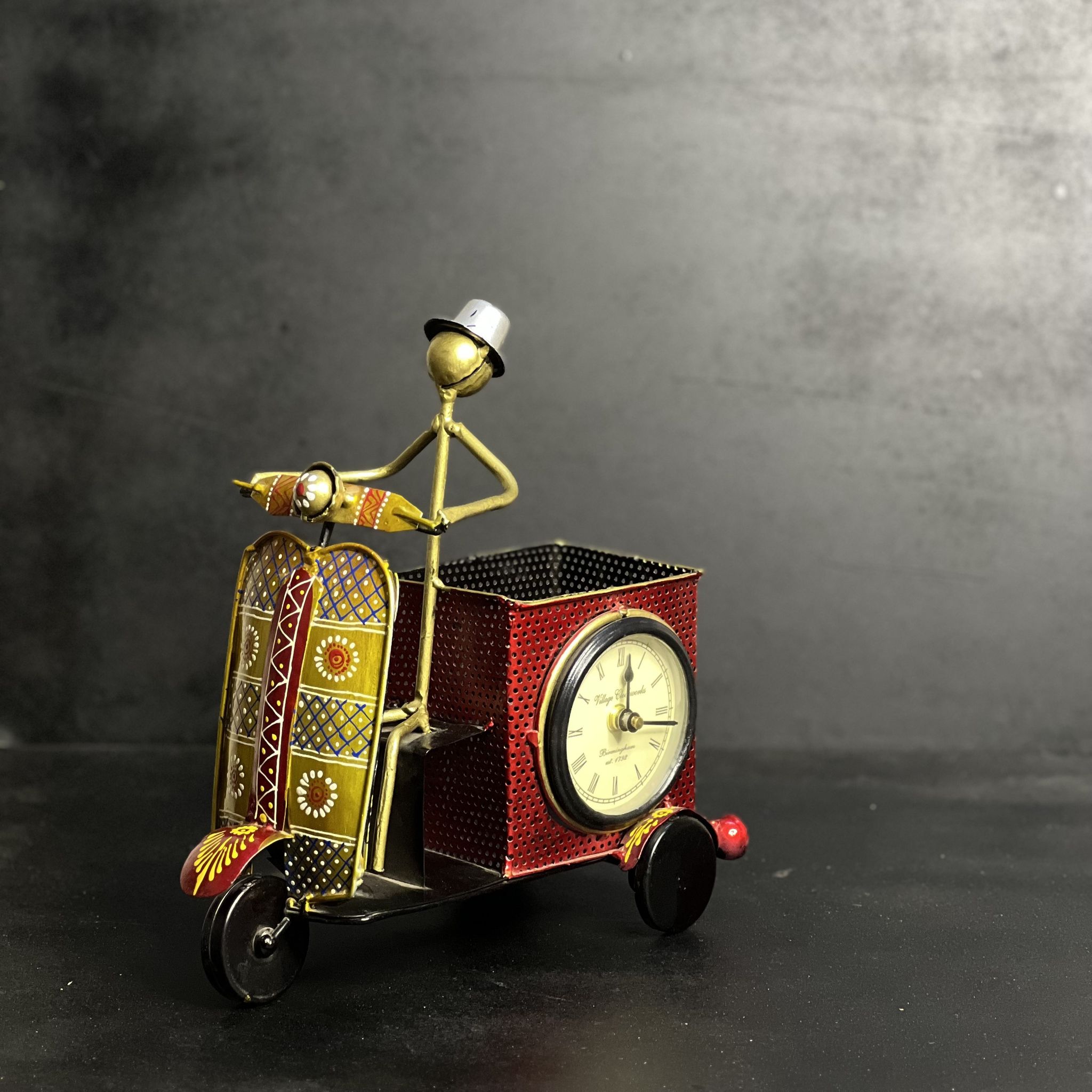 SHAMBHU HANDICRAFTS : ANTIQUE SCOOTER PEN HOLDER WITH CLOCK HOME AND OFFICE DECOR/ TABLE DECOR/DRAWING ROOM DECOR / GIFT ITEM