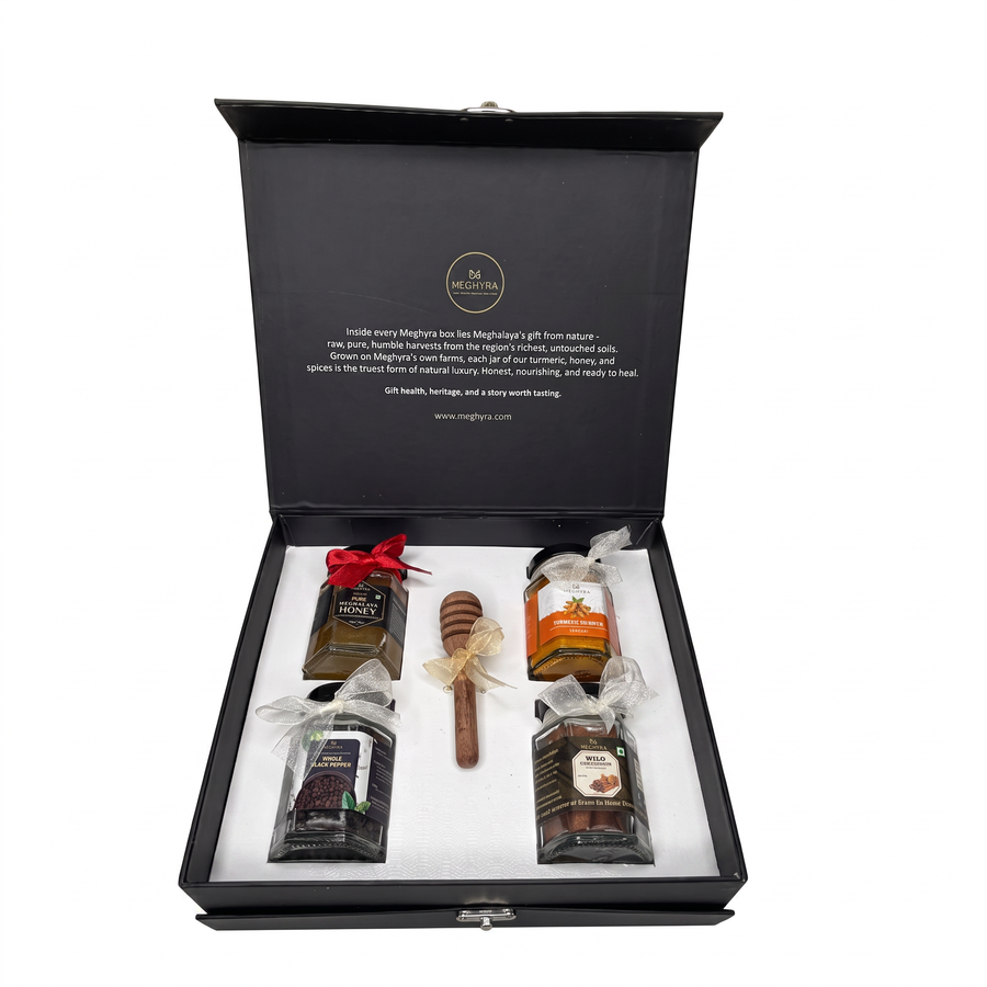 ELITE RESERVE LOCK BOX - (LAKADONG TURMERIC, GOLDEN WILD FOREST HONEY, CINNAMON STICKS, WHOLE BLACK PEPPER) - 500 gm - 4 glass jars - 80 g each and 1 wooden honey dipper