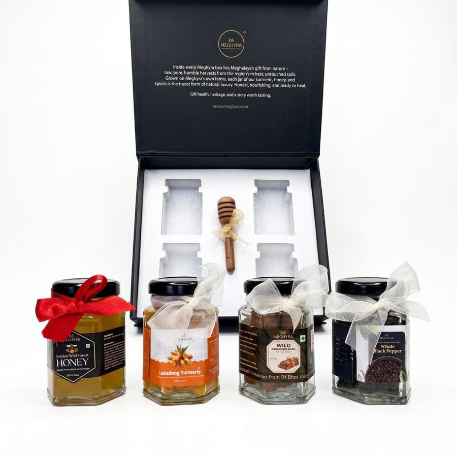 ELITE RESERVE LOCK BOX - (LAKADONG TURMERIC, GOLDEN WILD FOREST HONEY, CINNAMON STICKS, WHOLE BLACK PEPPER) - 500 gm - 4 glass jars - 80 g each and 1 wooden honey dipper view 2