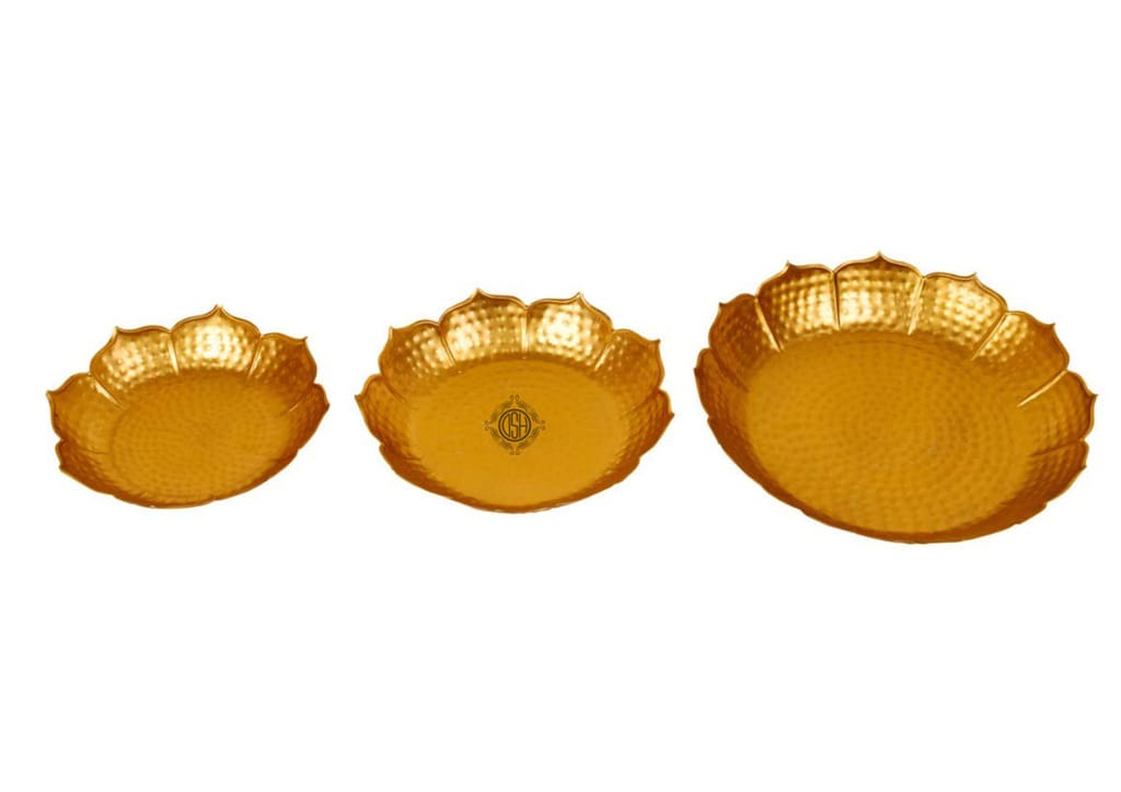 Urli Bowl Round Flower Border Designer Bowl for Flowers and Tea Light Candles Home,Office and Table Decor Best Gift for Diwali Decor, ( Set of 3), Gold view 2