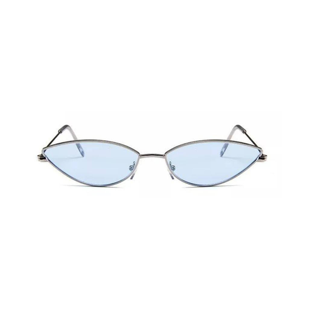 4Flaunt Full Rim Metal Frame Retro Narrow Cute, Stylish & Trending Oval Cat Eye Sunglasses For Women | 100% UV Protected | Medium (58-20-145mm) (C3 - Silver Frame/Blue Lens) view 2
