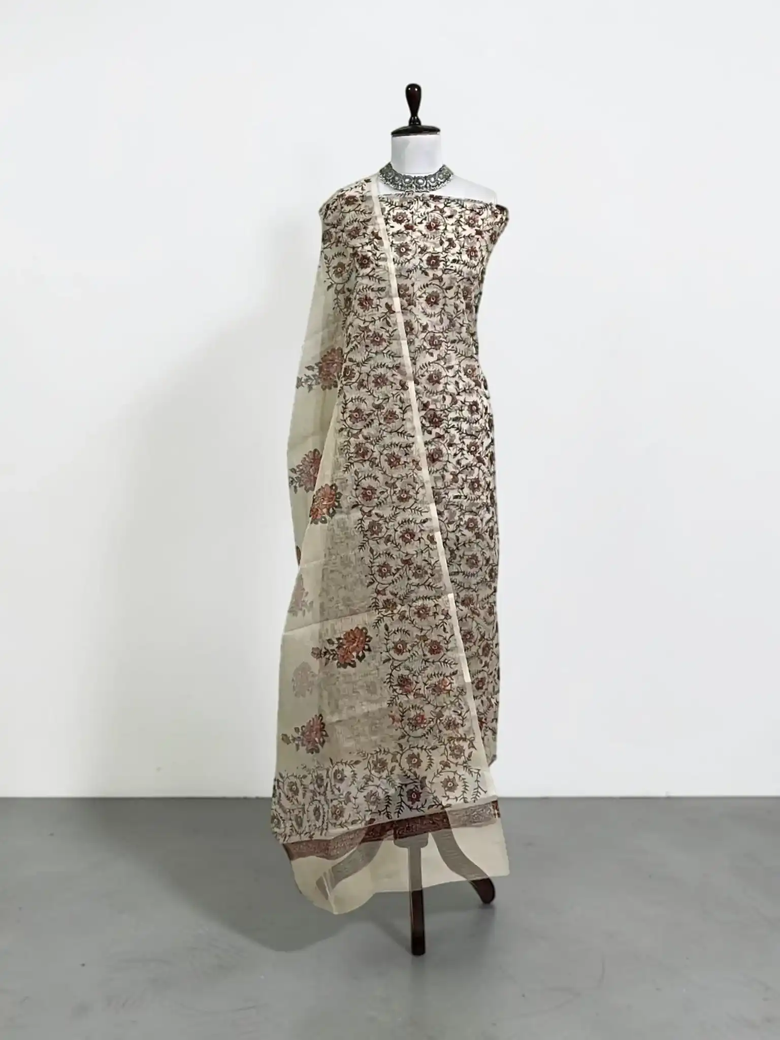 Handwoven Kota Doria Cotton Silk Dress Material with Hand Embroidery