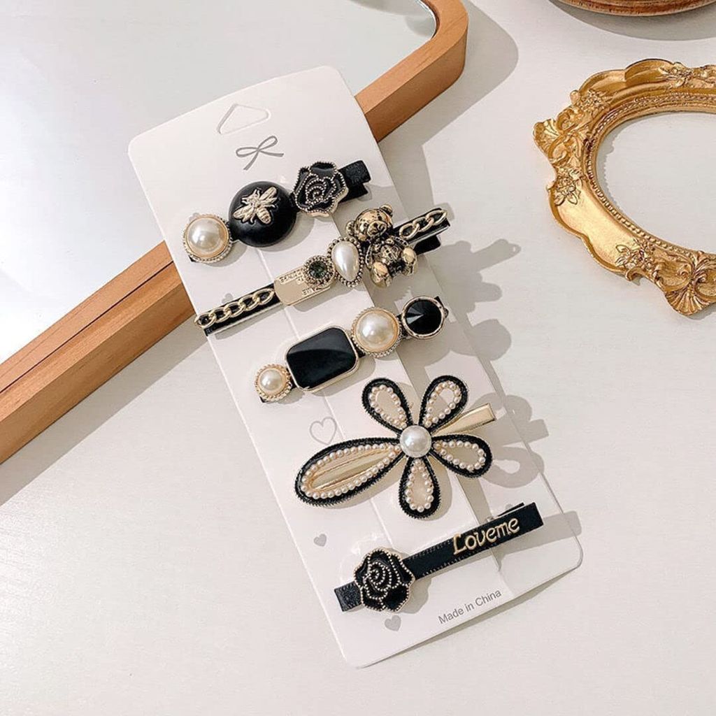 SBEAUTY Korean Fashion Style Pearl Rhinestone Metal Hair Clips Hair Pin Stylish Hair Accessories For Women's And Girls, Black And White 5 Count (Pack of 1) view 2