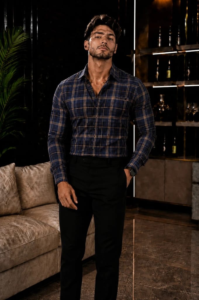 Enrich Fashion Factory Men's Navy Blue Checkered Casual Shirt
