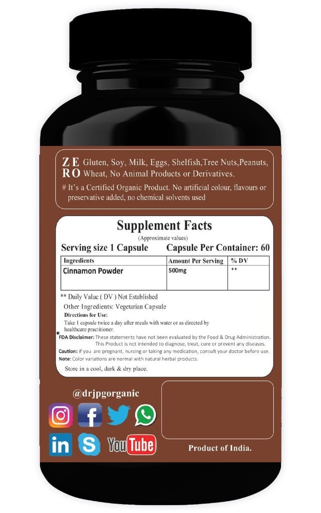 Dr. JPG Organic herbals Cinnamon Capsules for metabolism 60 Veg. Capsules /INDIA ORGANIC Certified (Pack Of 1) view 2