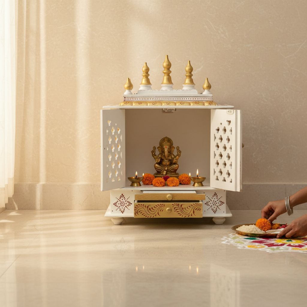 Wood Painted Beautiful White Temple For Home-Pooja Wall Mandir view 2