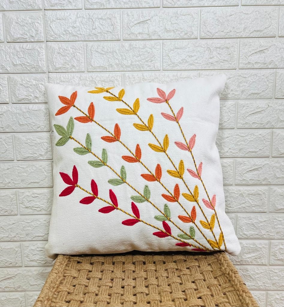 Indihomecraft Handicraft Cotton Cushion Cover - Hand Stitched Embroidery Decorative Art Boho Pillow Flower Leaf Hand Made Pillow Cover | Hand Stitch Square Shape 18X18 Inches Cushion Cover, Set of 1 view 2