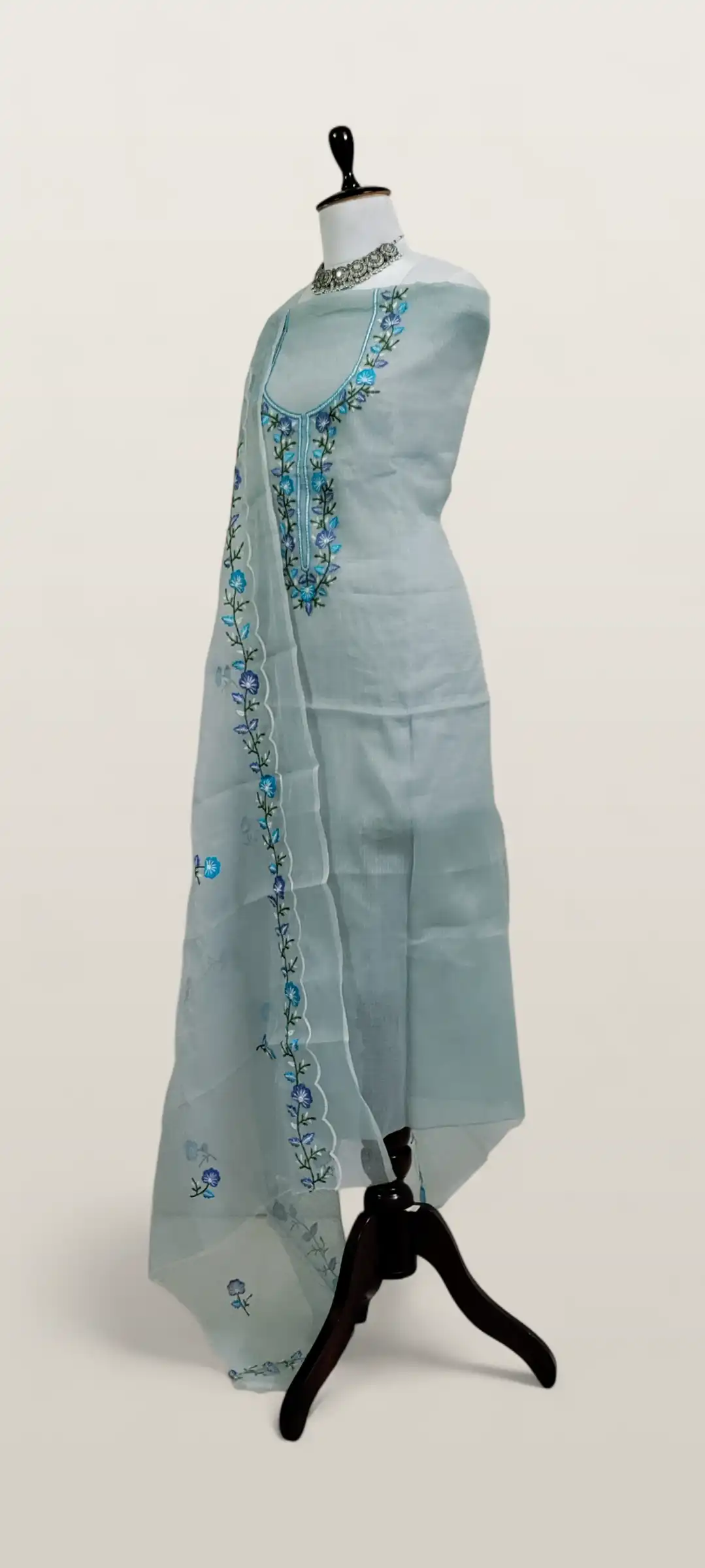 Kota Doria Dress Material Greyish Blue Floral Yoke view 2