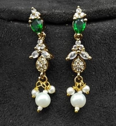 Green and White Pearl and Rhinestone Necklace and Earring Set view 2
