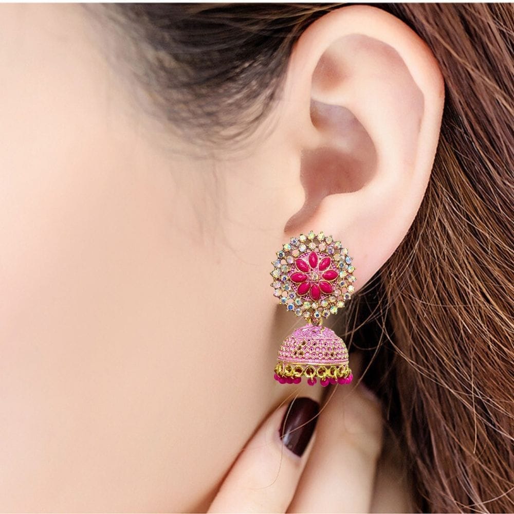 Jewelryklub Gold Plated Floral Zircon Stones Beads Traditional Jhumki Earrings For Girls And Women - Dark Pink view 2