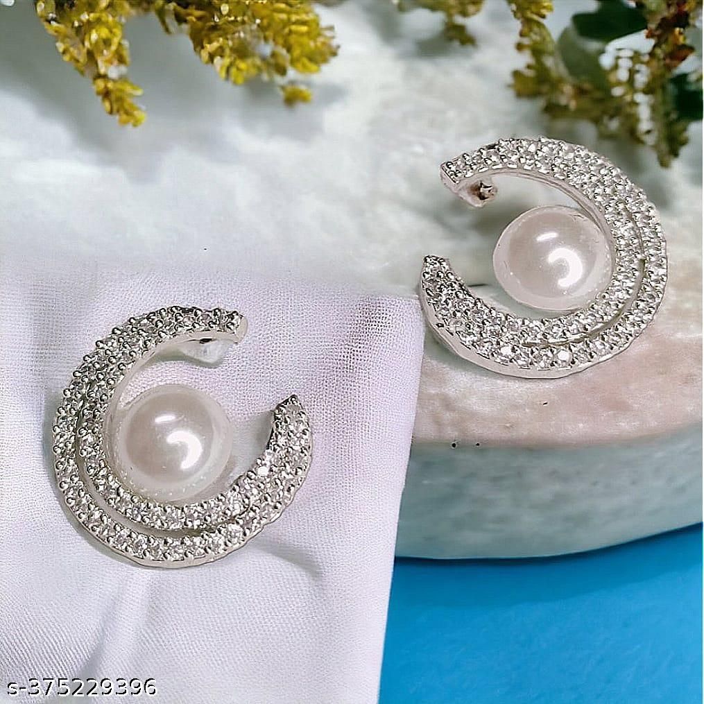 Rhodium-Plated Brass White American Diamond Studded Floral Shaped Studs Earrings For Girls And Women view 2