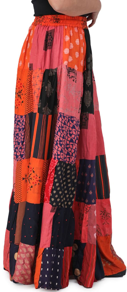 Coral Printed Long Boho Skirt from Gujarat with Patch Work view 2