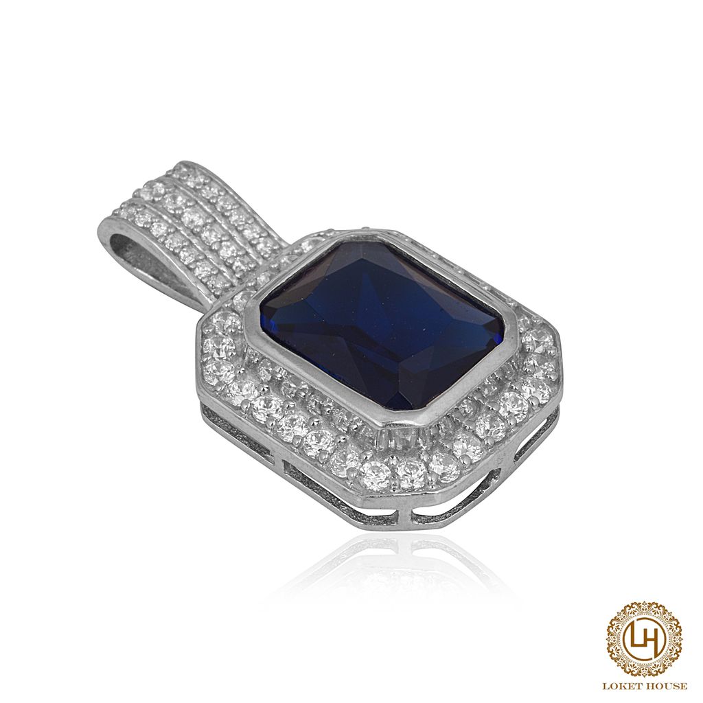 Royal Blue Emerald Cut Pendant with Cubic Zirconia & Silver Chain view 2