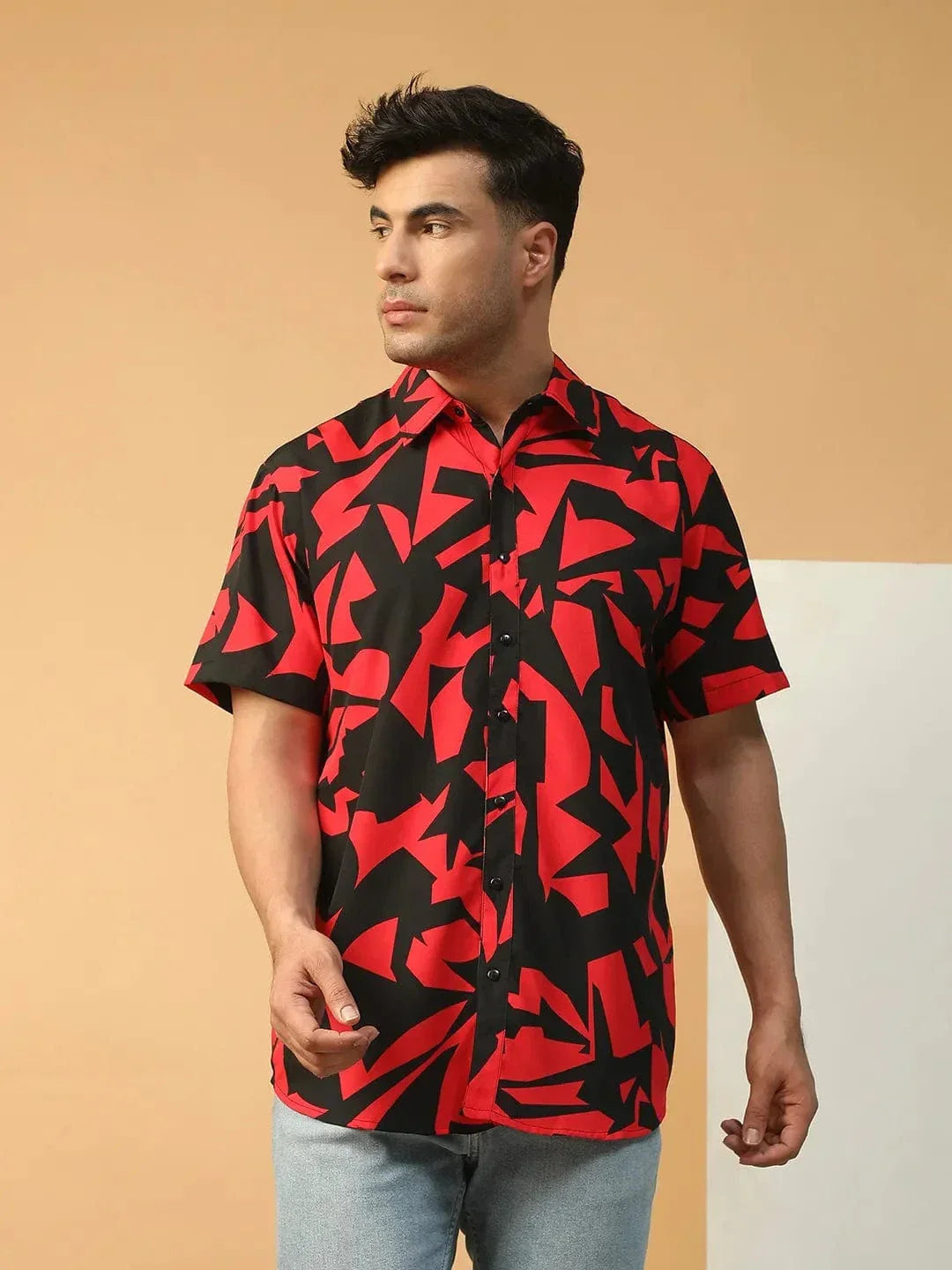 Strong Red Abstract Print Collared Short Sleeve Men Oversized Shirt view 2