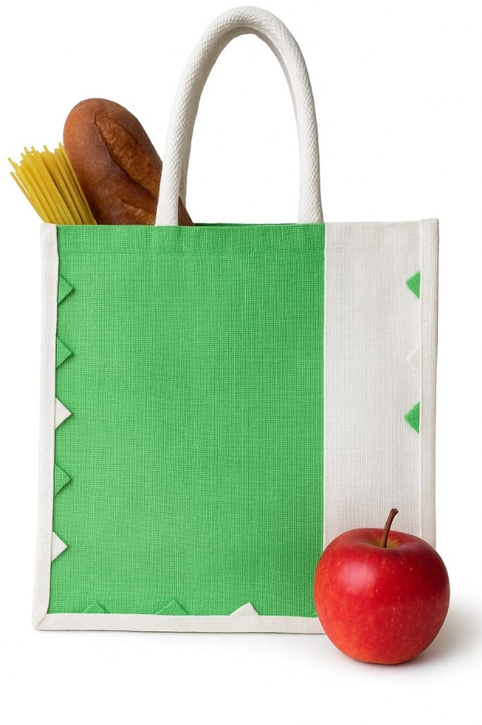 Stylish Green & White Jute Canvas Tote Bag with Contrast Trim view 2