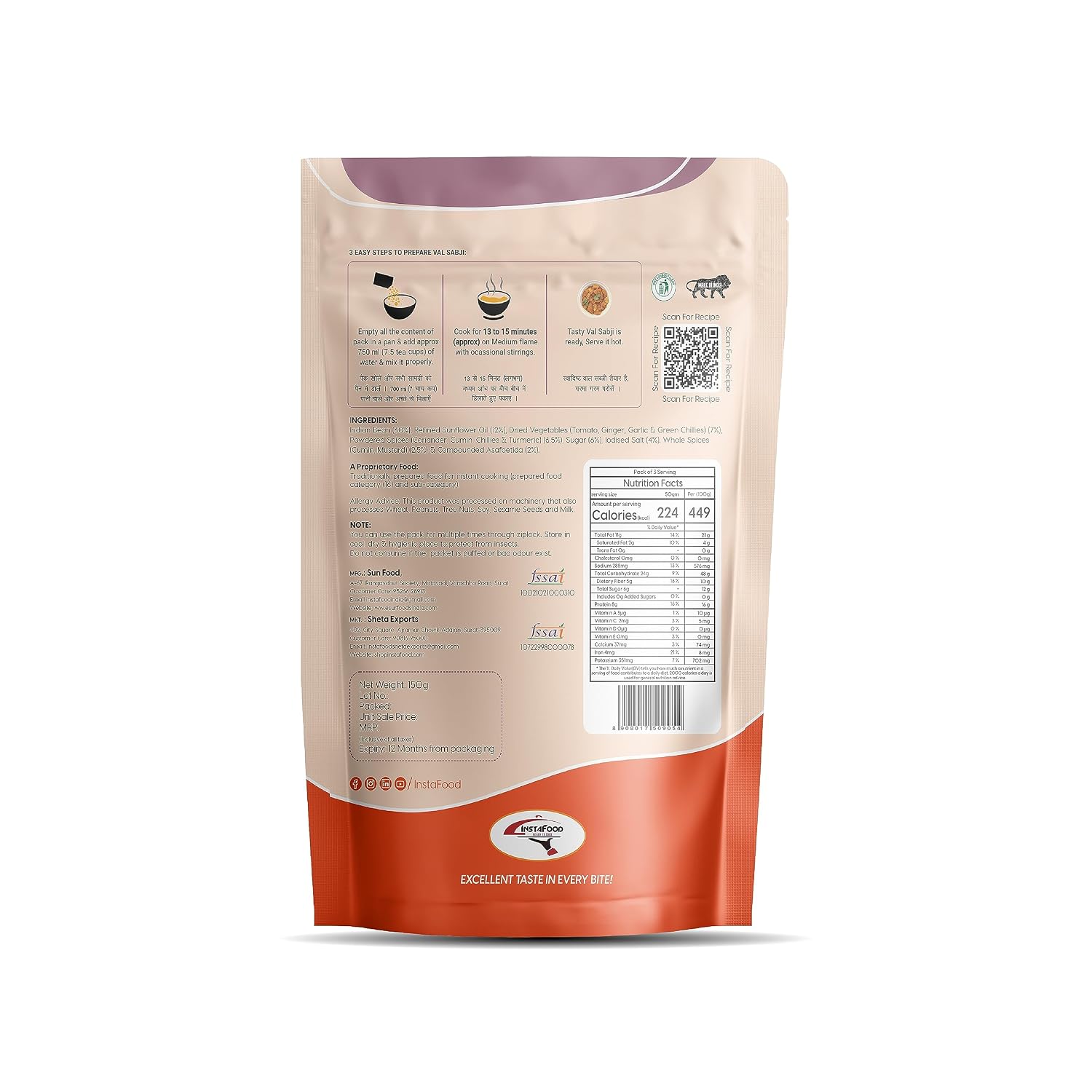 INSTAFOOD Val Sabji | Ready to Eat Meal | Ready to Cook | Zip Lock Packaging | Vegetarian Meal | Just Add Water And Cook, 150 gm view 2