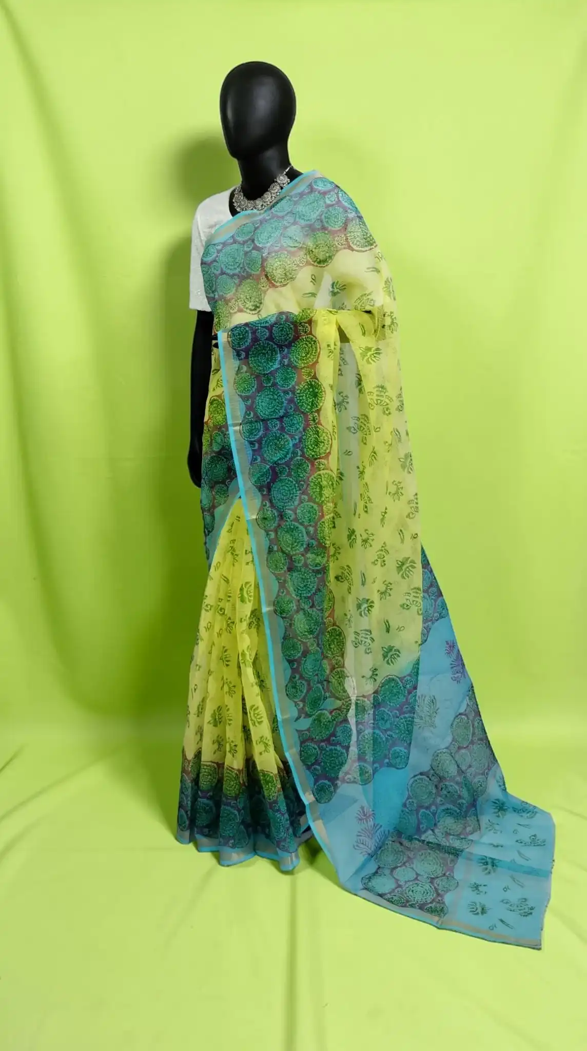 Handwoven Kota Doria Block-Print Saree in Green and Blue view 2