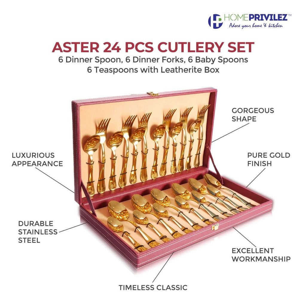 Aster (PVD gold) Stainless Steel Cutlery in Leatherite Box (24Pcs) view 2