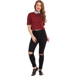 Miss Chase Women's Red Round Neck Half Sleeves Crop Tops Solid/Plain Top view 2