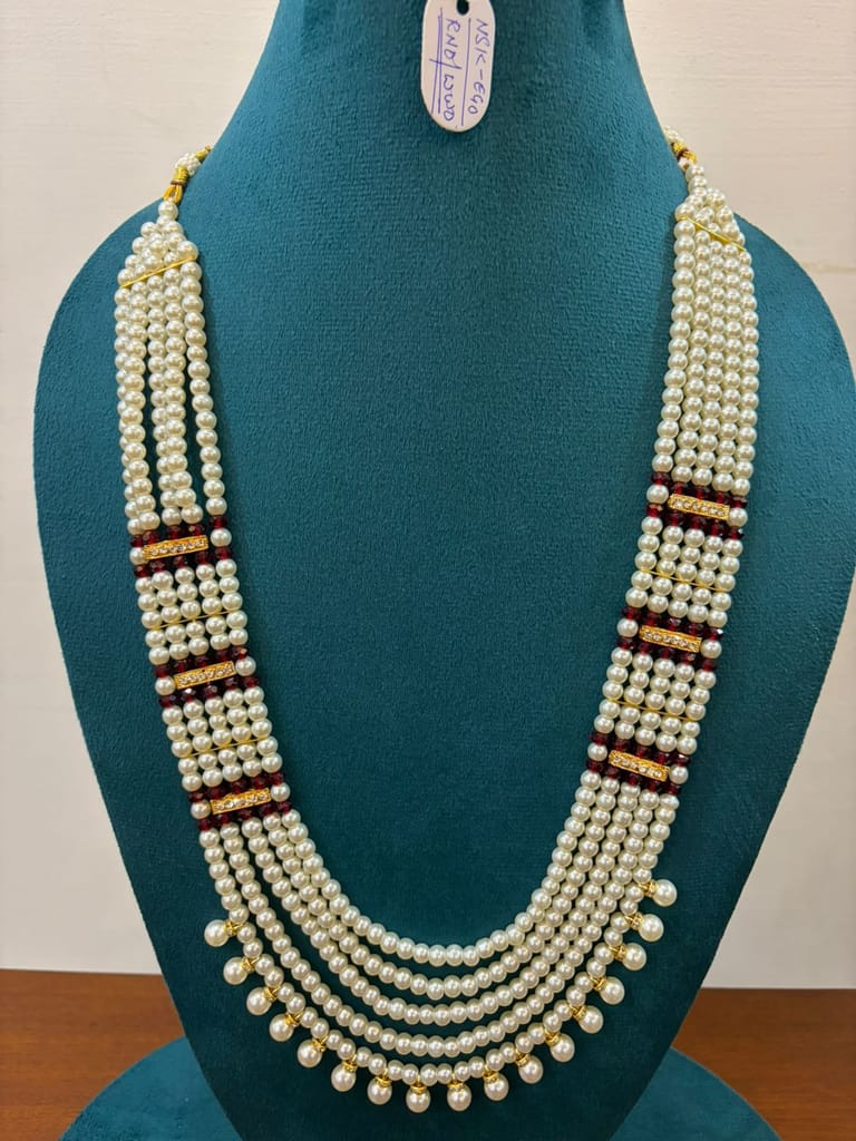 traditonal layered dulha white and red moti pearl necklace with hanging pearl drops view 2