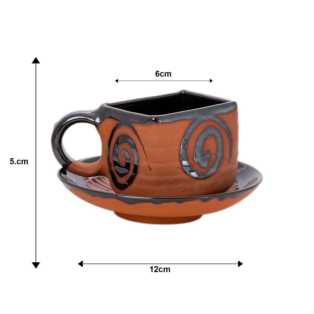 Sowpeace Handcrafted Terracotta Tea Cup squared mouth with plate “The Saucer Story” for kitchen and dining, premium artisan made utensils as serveware, for gift view 2