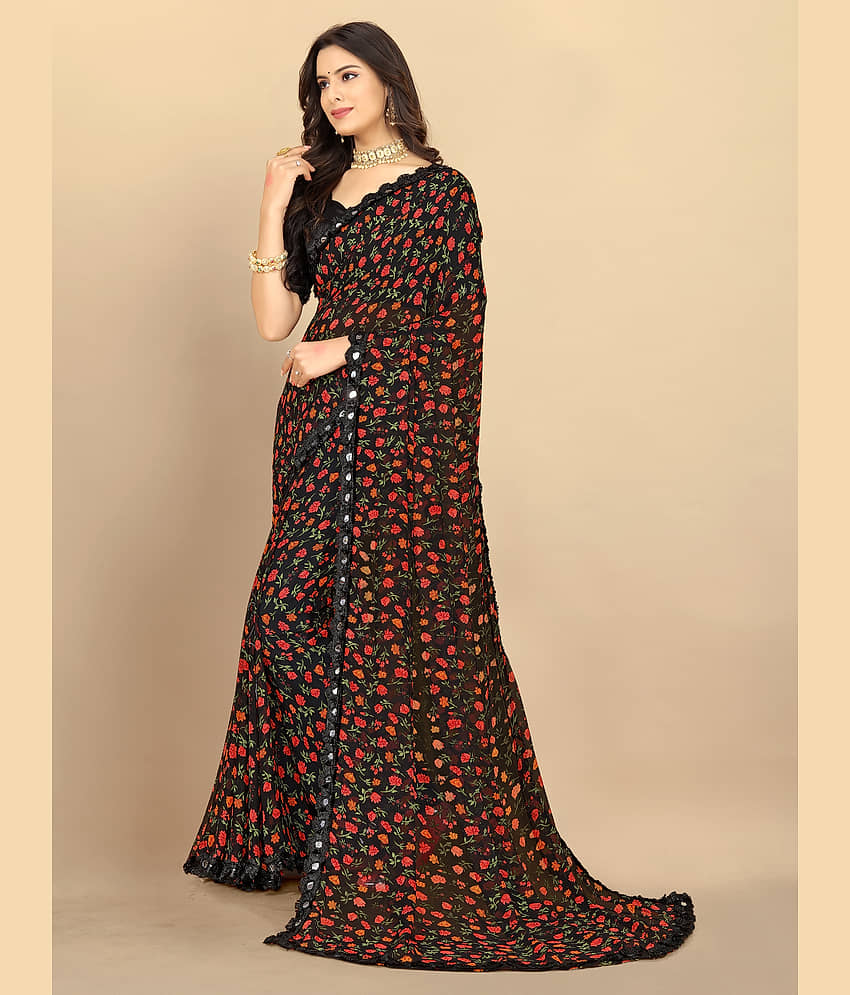 BLEESBURY Georgette Printed Saree With Unstitched Blouse Piece ( Black ) view 2