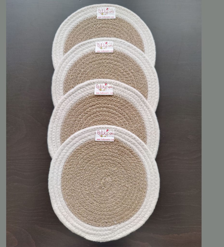 Round table mats cotton placemats (pack of 4) | Hotpads / trivets 9", Heat Resistant, Reversible Use (White - Beige) by Bulky Santa view 2