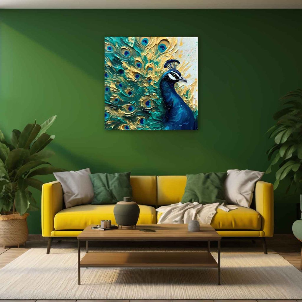 COLOURFUL PEACOCK PAINTING 24in X 24in WITH BLACK FRAME