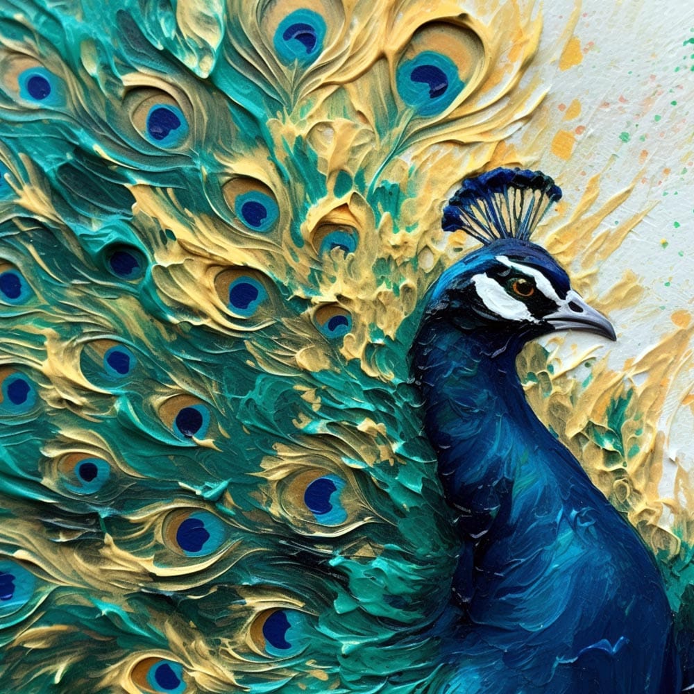 COLOURFUL PEACOCK PAINTING 24in X 24in WITH BLACK FRAME view 2