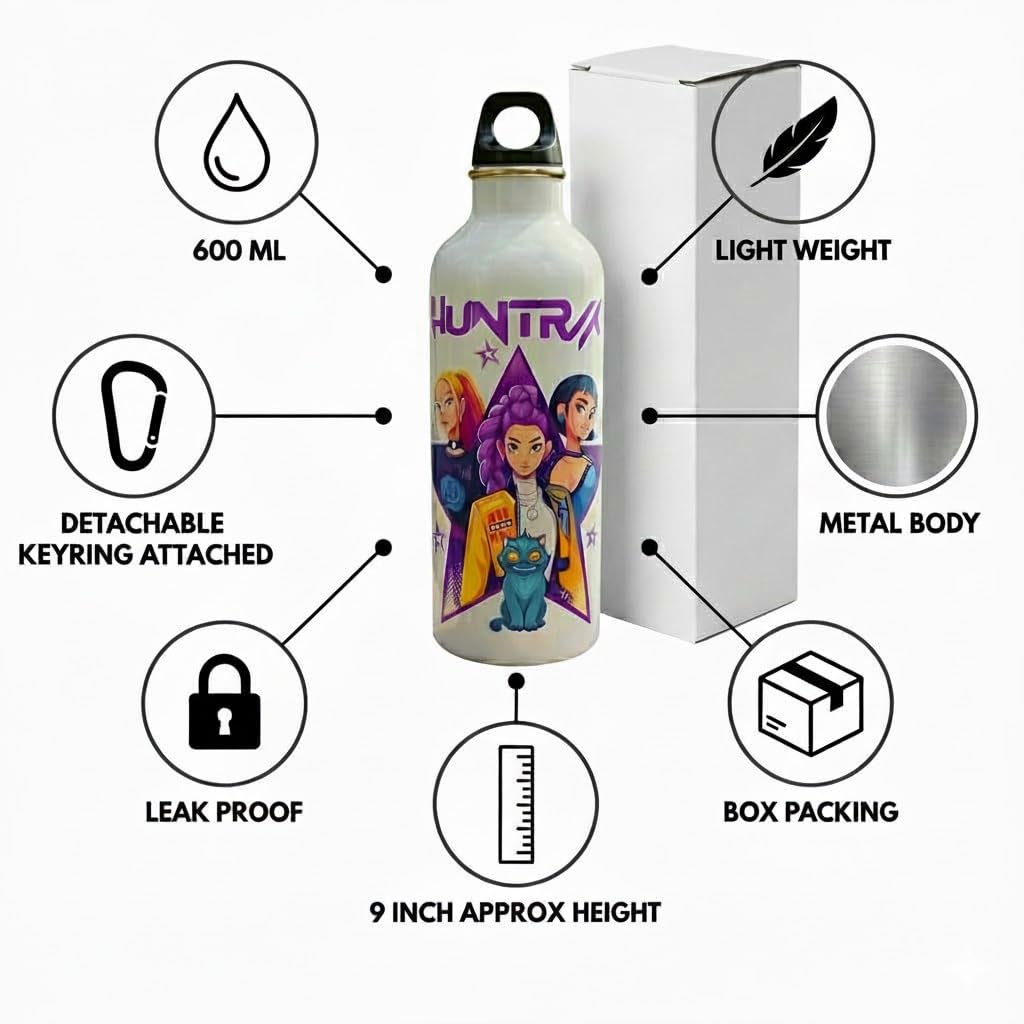 Pop Star Anime Theme Metal Water Bottle, 600ml Capacity, Leak-Proof Design with Detachable Keyring, 9 Inch Height, Customizable White Bottle for School and Travel Demon Design view 2