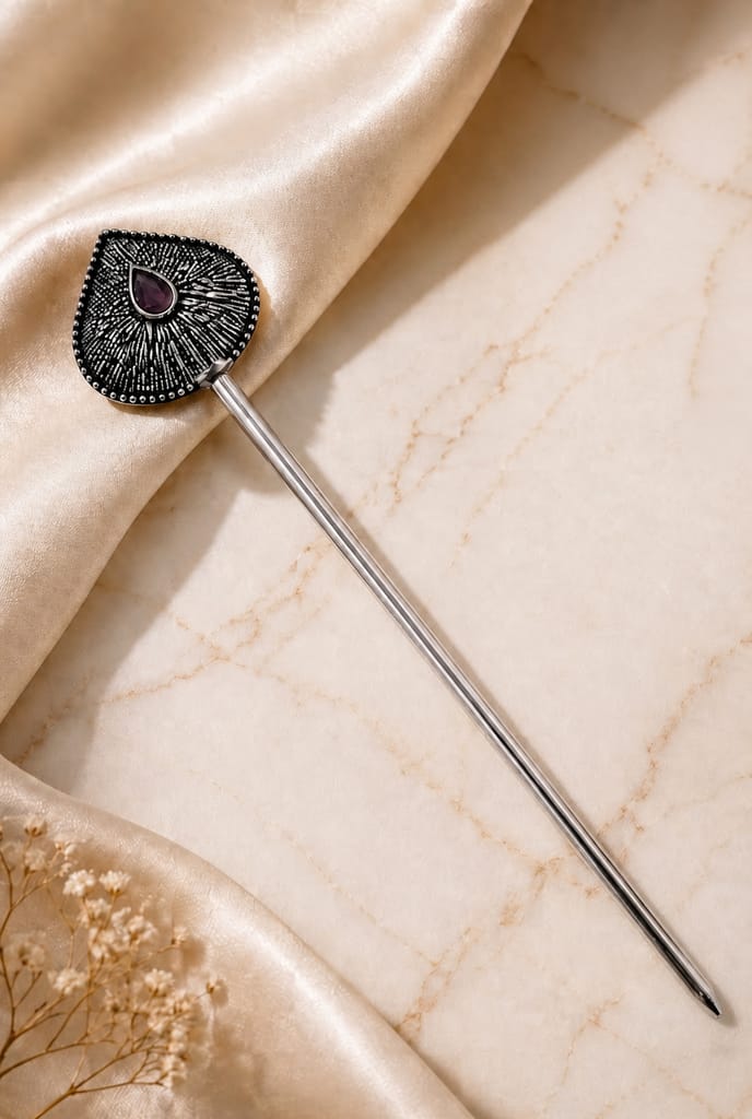 Blubby Oxidized Silver Floral Juda Stick for Women view 2