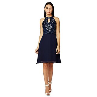 Miss Chase Womens Round Neck Sleeveless Solid Sequin Flowy Knee-Long Georgette Skater Dress view 2