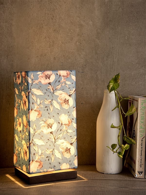 Turquoise Floral Lamp With Wooden Base view 2