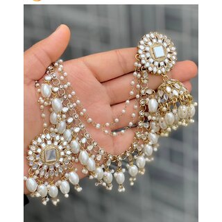 Beautiful Jhumka Earrings with Kaan Chain and Tikka Set view 2