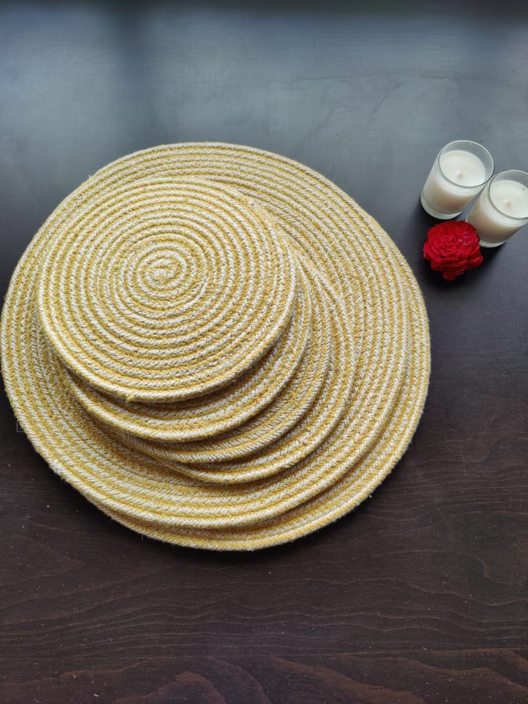 Round table mats cotton placemats (pack of 6) | Big Mats & Hotpads / trivets, Heat Resistant, Reversible Use (Yellow) by Bulky Santa view 2