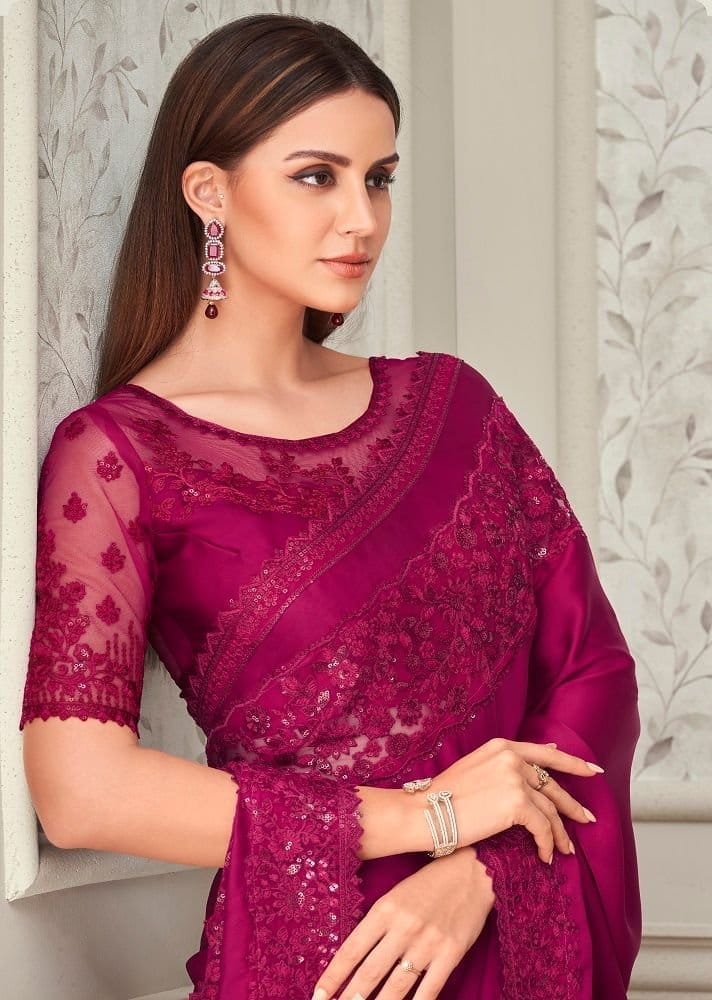 Embroidered Satin Georgette Saree in Dark Fuchsia view 2