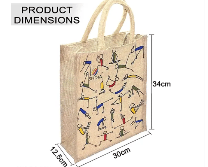 Unimart Jute bags for lunch box Yoga Print & food love Beige Bag with top Zipper . Mistazzo Jute Shopping Eco-Friendly Bag Pack Of 3 Bags Yoga Printed view 2