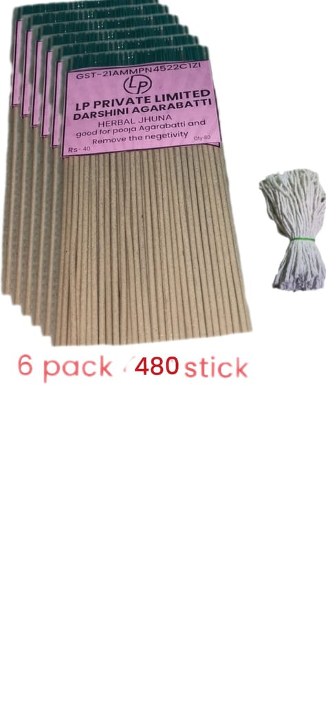Darshini Herbal Jhuna Insense Stick For Puja (Agarbatti) ( 6 pack) 480 stick . With free gifty catton wicks batti 100 pc