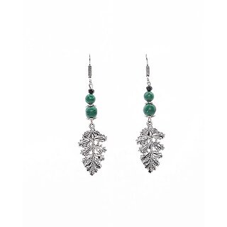 Look and Adorn Handmade Designer German Silver Leaf Dangler Earring with Semi Precious Malachite Stone Earrings for Girls and Women