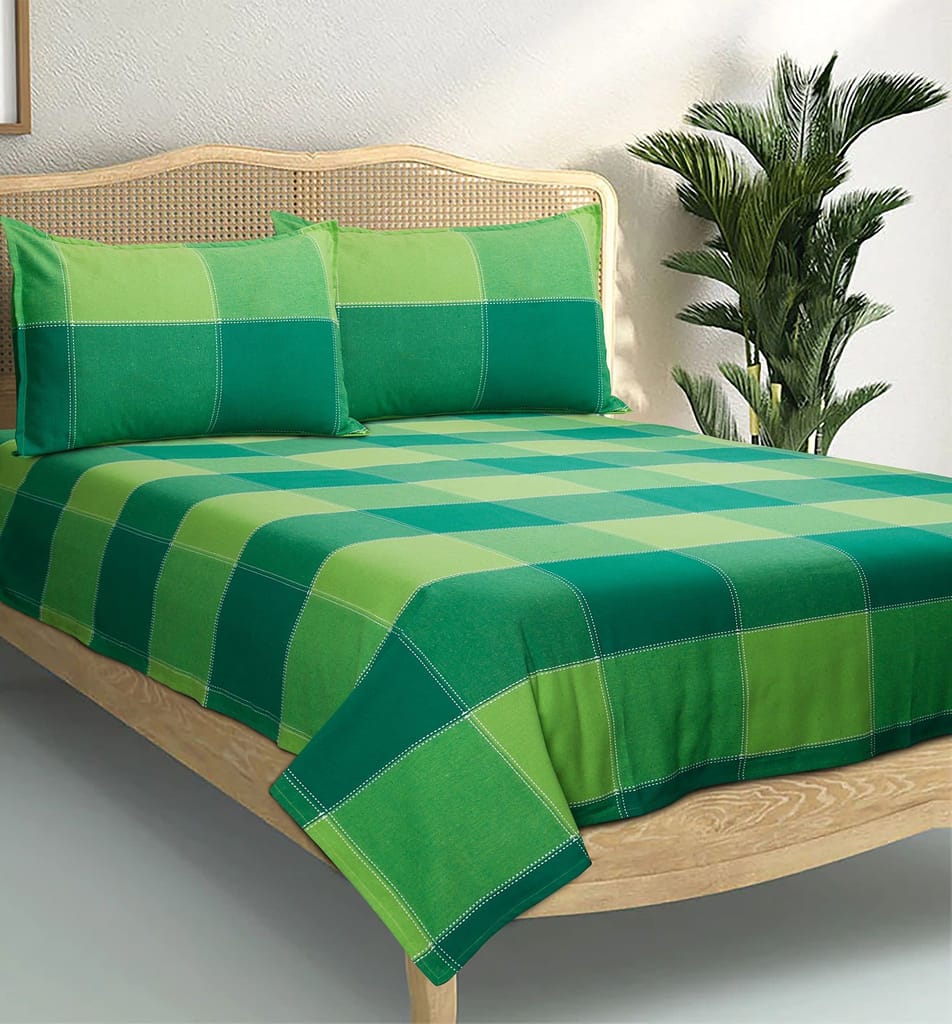 AIRWILL, 200GSM Handloom Cotton Double Bedsheet with 2 Pillow Covers, 4-Way Dobby Checks Designer Weaved Green Combo - Pack of 3 pcs view 2